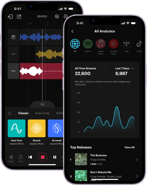 Rapchat recording studio and artist analytics on mobile